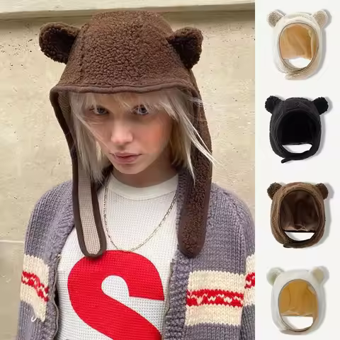 Brown Bear Ear Hat Scarf Beanies Men Women Winter Safety Helmet Rockwool Magnetic Buckle Ear Protect