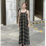 2-strap maxi dress in black and blue checkered VIEN TRAN V63M25H031