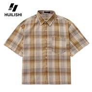 HUILISHI Box Fit Polo for Men Crop Top Cotton Plaid striped Korean style short-sleeved shirt