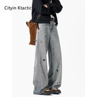 CITYLINK TACTIC Fun Puppy Embroidered Jeans Men American Retro Straight Loose Wide-Leg Pants Men's C
