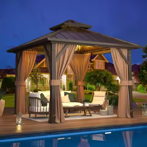 10x10 Hardtop Gazebo Aluminum Frame Galvanized Steel Double Roof Permanent Outdoor Pavilion with Cur