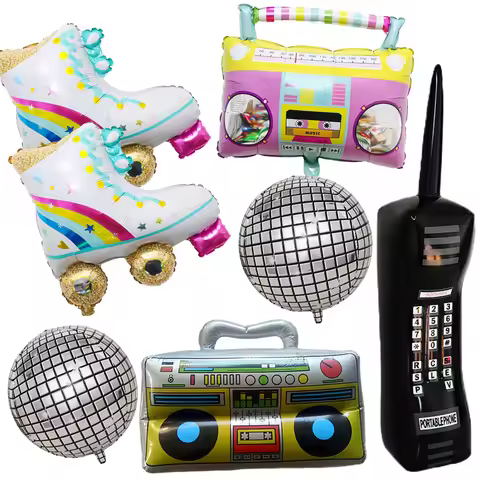 1 set 80s 90s Radio Roller Skates Foil Helium Balloons 4D Disco Ball Telephone Balloon Retro Theme H