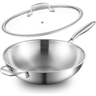 Tri-Ply Stainless Steel Wok Pan, 28cm(11inch) Cooking Wok with Lid, with Side Ear, Wide & Deep Cookw