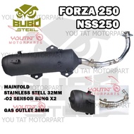 BUBO STEEL HONDA FORZA 250 NSS250 RACING EXHAUST BACK PRESSURE LOW NOISE 32MM WITH O2 SENSOR CUTTING