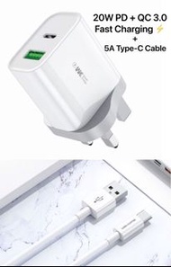 20W PD QC3.0 雙插頭充電器+5A閃充數據線套裝 [iPhone 12精選配件] Double Output Fast Quick Charging Cable and Charger Adapter 2 in 1 Set