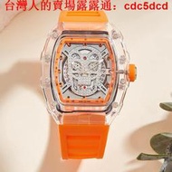 手錶 2023新款水晶透明鏤空時尚個性鑲鉆骷髏頭酒桶型男士腕錶  代批發