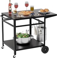 DouxVibe Outdoor Grill Cart Table with Wheels,Double Shelf Outdoor Dining Cart with Foldable Side Table,5 Hooks,Stainless Steel Pizza Oven Trolley BBQ Stand Kitchen Food Prep Worktable,Grill Table