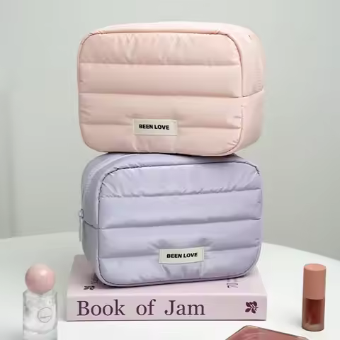 Portable Down Puffy Makeup Bag Solid Color Large Capacity Travel Quilted Toiletry Bag Fluffy Zipper 