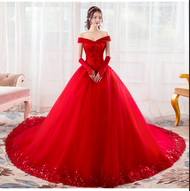 Gaun Wedding Dress Boat Neck traditional China Bondage Long Tail Red Chinese Wedding Dress