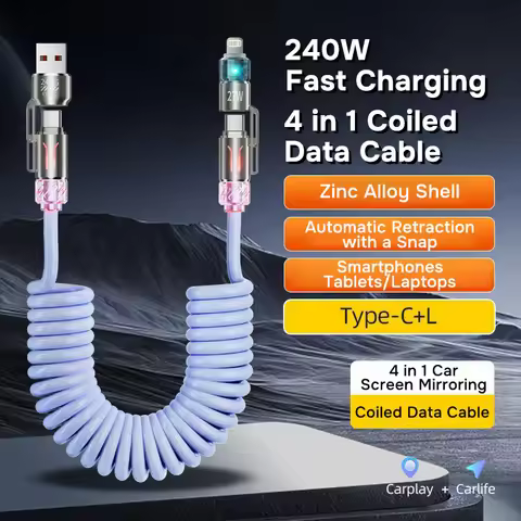 240W Coiled 4 in 1 Fast Charging Cable,USB A/C to USB C/L,Multi Functiona Retractable Cord for iPhon