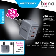 Vention Adapter Charger GAN Triple Port 2C+U 70W Fast Charge Data Cable Type C to C 100W