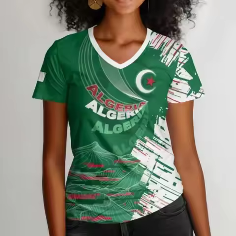 Women Algerian Style V Neck Soccer Jersey 2026 Global Football Tournament Fan Shirt Breathable Short