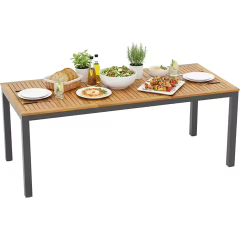 79 Inch Acacia Wood Outdoor Dining Table for Eight with Umbrella Hole Metal Legs Adjustable Feet Pat
