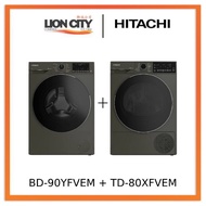 Hitachi BD-90YFVEM Front Loading - Washer Steam &amp; Hygiene Easy Iron Inverter + Hitachi TD-80XFVEM Tumble Dryer