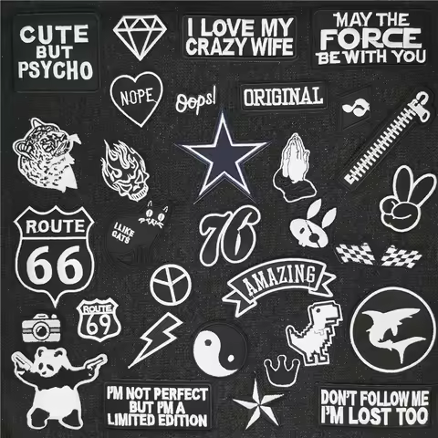 (46 Styles) Black and White Pentagram Embroidery Patches for Jacket Alphabet Patch Iron on Transfer 