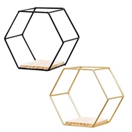 Nordic Style Wall Mounted Floating Hexagon Shelf Metal Iron Framed Storage Holder Rack with Wooden Board Geometric Stand