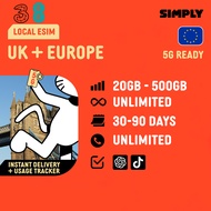 SIMPLY [eSIM] UK + Europe | 3UK, EE, CTE | 30 Days | 40GB - Unlimited Data | Local UK/EU eSIM