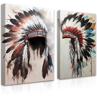 CXHOSTENT Native American Wall Art 2 Pieces Indian Chief Feather Headdress Canvas Prints Tribal Them