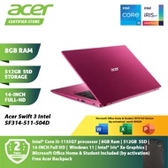 Acer Swift 3 SF314-511-504D Laptop Berry Red NX.ACTSM.002 i5-1135G7 8GB 512GB SSD Intel Iris Xe Graphics 14-Inch FHD Win 11 Microsoft Office Home &amp; Student 2019 Full Version