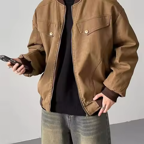 Winter Korean Fashion Zipper Multi-pocket Jackets For Men High Street Retro Clean Fit Outerwear Coat