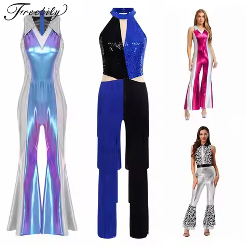 Women's Shiny Flared Jumpsuit Party Rompers Flares Metallic 70s 80s Disco Costume Hippie Outfit Pant