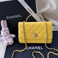 【配件：防塵袋 💕】Chanel woc 黃色 小雞黃 金扣 珍珠 手柄 牛皮 手提 單肩 斜挎