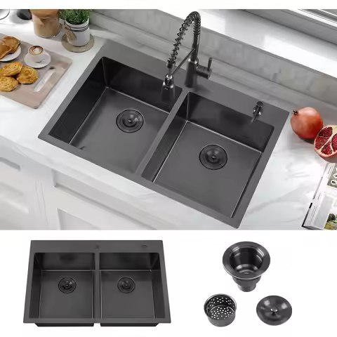 33 Inch Black Drop in Double Bowls Kitchen Sink, 33x22 Inch Nano Black Handmade Stainless Steel Doub