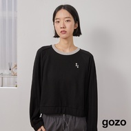 [gozo] gozo Pineapple Pattern Splicing Sleeve Elastic Shape Top (Black/Beige _ F) | Women's Round Ne