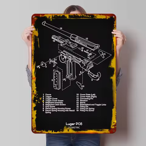 Luger P08 Isometric Printed Poster Customized Wall Art Retro Vintage Metal Tin Signs for Bedroom Dec