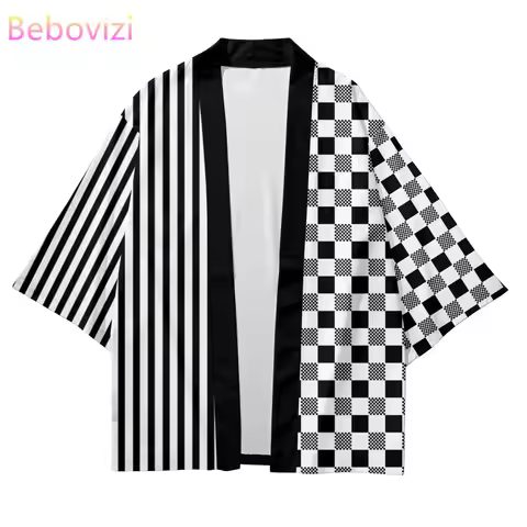 Plus Size XXS-6XL 5XL Striped Checkerboard Japanese Asian Streetwear Tanjiro Kimono Cardigan Women M