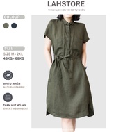 LAHSTORE straight linen dress with turtleneck shirt collar 2 chest pockets removable waistband DS04 