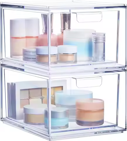Audrey Stackable Clear Bin Plastic Organizer Drawers | 2 Piece Set | Organize Cosmetics and Beauty S