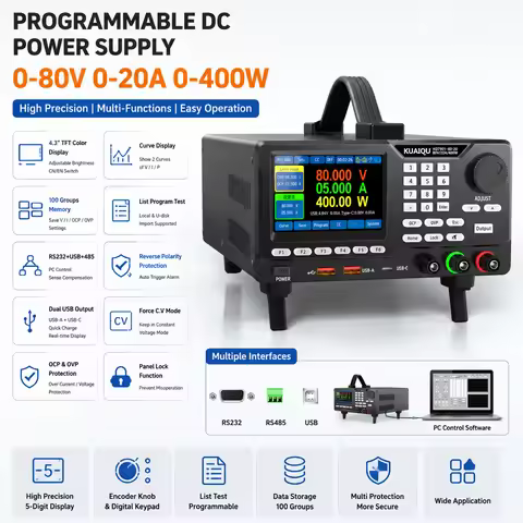 KUAIQU 0-80V 0-20A 0-400W DC Power Supply 4.3'' TFT 5-Dight Display Source OCP/OVP Curve/Save/Progra