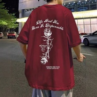 2026 Wine Red Five-point Short-Sleeved t-Shirt Men Summer Rose Print Couple American High Street Str