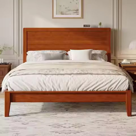 Queen Size Bamboo Bed Frame with Tall Headboard, Japanese Joinery Platform Bed, Sturdy Wood Slat Sup
