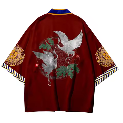 Japanese Style Samurai Crane Koi Kimono Streetwear Haori Men Women Cardigan Japan Girls Robe Chinese