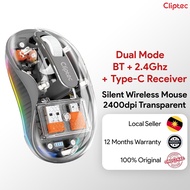 Cliptec Wireless Mouse RZS636C Dual Mode BT+2.4Ghz Type-C+USB-A Receiver 2400DPI RGB Transparent Sil