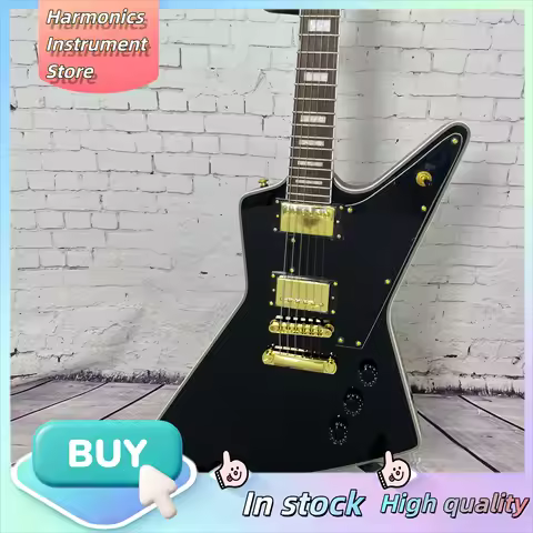 Explorer‑Style 6‑String Electric Guitar HH Humbuckers Black Gloss Finish Gold Hardware for Metal Har