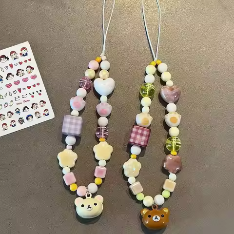 Rilakkuma Ins Aesthetic Beaded Phone Strap Cute Camera Lanyard Anti-Lost Charm for Couples Men Women
