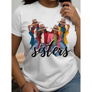 Women'S Casual Short Sleeve T-Shirt "SISTERS" Graphic Print, Round Neck, Tee with Stylish Sisterhood