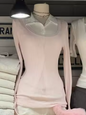 Pink Knit Slim Long Sleeve Tees Women Autumn New Fashion U-neck Cotton Soft T-shirt Cute Preppy Styl