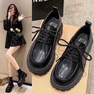 Plover Leather Loafers - Thick Sole Lace-Up Shoes - Black