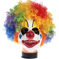 Topeng Badut Lateks dengan Rambut Palsu Berwarna-warni Hidung Merah Kostum Badut Halloween Pakaian C