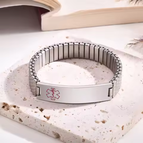 Vnox Stainless Steel Medical Alert Stretch Adjustable Wristband ID Bracelet Bangle for Women Custom 