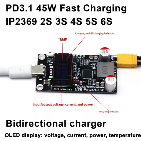 2S-6S 45W Fast Charger Power Bank W Display PD3.1 Type-c Bidirectional 3S 4S BMS Li-ion LiFePO4 RC B