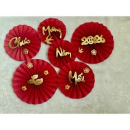 Set of 6 QUAT RED JADE paper fans Decorating events, homes, festivals, CNY