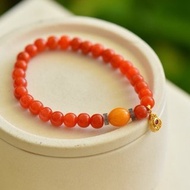 6mm天然原礦南紅 蜜蠟美松古法銀小牌設計單圈手串s