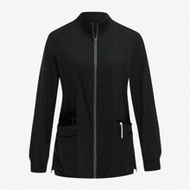 Black Winter Rennaissance School Workwear Solid Color Long Sleeve Front Zip Up Fitted Jacket Scrub S