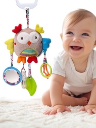 1入男女寶寶貓頭鷹娃娃玩具,適用於0-12個月,軟懸掛式發聲感官探索玩具,新生兒嬰兒手推車汽車安撫床旅行活動毛絨動物風鈴,配咬著球和扭曲鏡子（部份配件隨機）