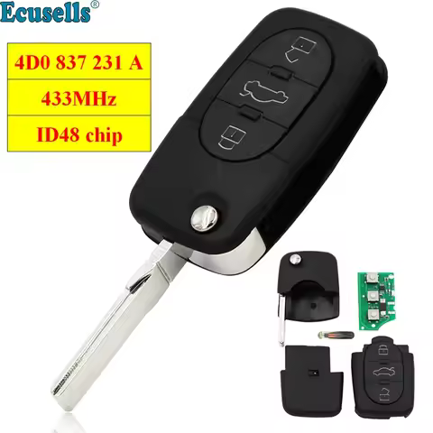 3 Buttons 433Mhz with ID48 Chip Flip Remote Key 4D0 837 231 A for Audi A3 A4 A6 A8 TT 4D0837231A Unc